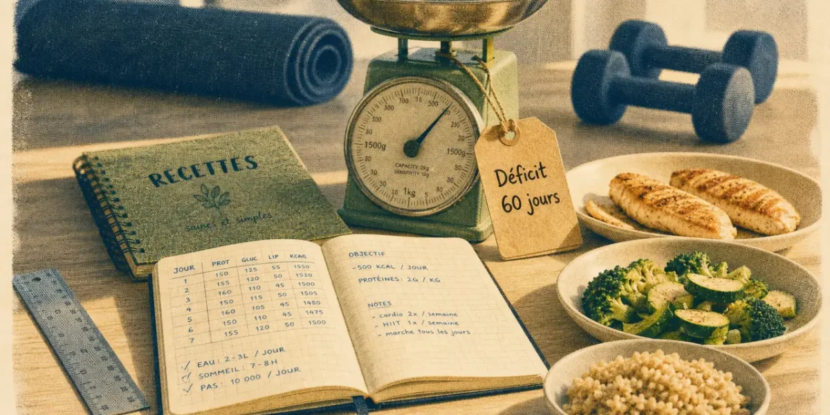Perdre 10 kilos en 2 mois : déficit 1500 calories, carnet et balance