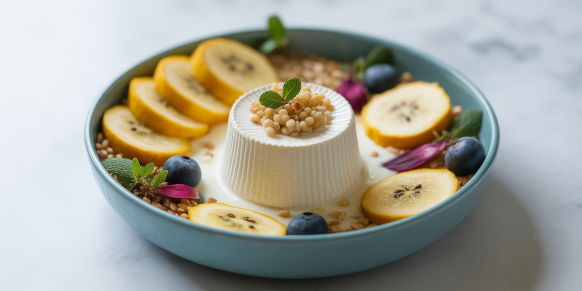 bowl petit dejeuner flocon d'avoine fromage blanc vu dessus