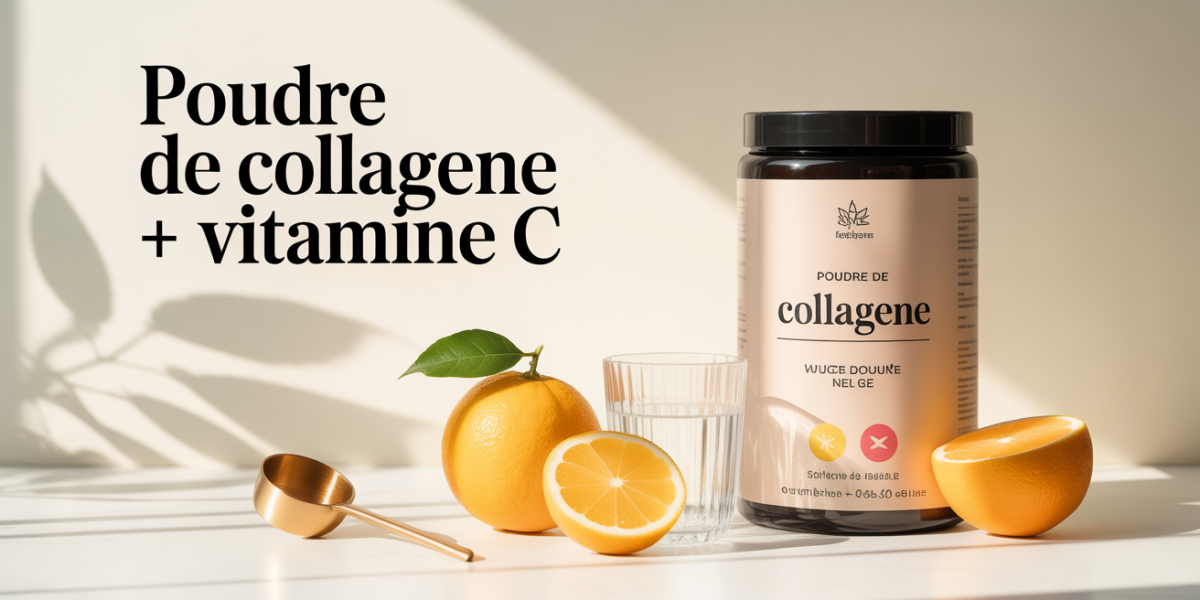 Poudre de collagene et vitamine C avec verre d'eau et doseur