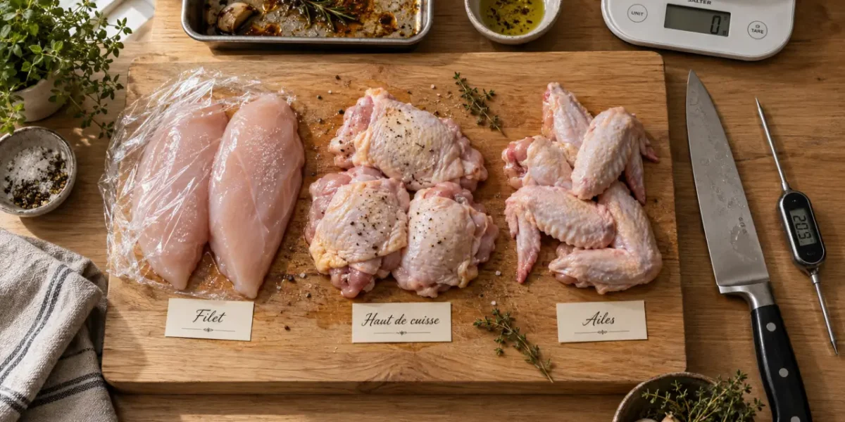 Poulet protéines : 100 g cuits vs crus, balance et thermomètre