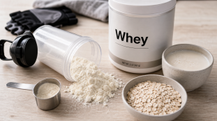 Pourquoi prendre de la whey : shaker et poudre whey sur table