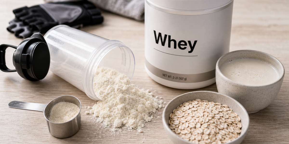 Pourquoi prendre de la whey : shaker et poudre whey sur table