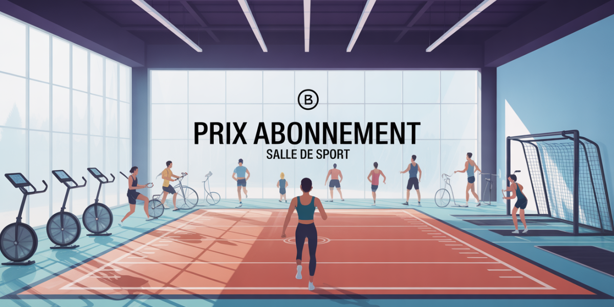 Salle de sport moderne, équipements et silhouettes en entraînement, prix abonnement visible