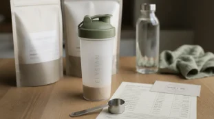 Protein works avis : shaker whey 80, poudre et cuillère sur table