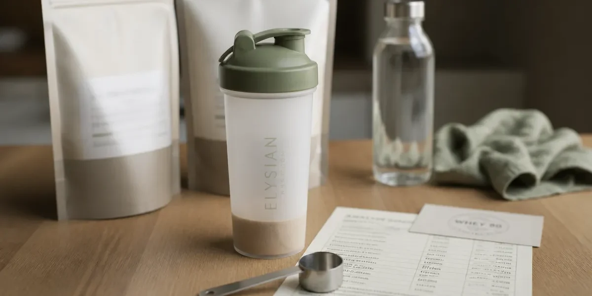 Protein works avis : shaker whey 80, poudre et cuillère sur table