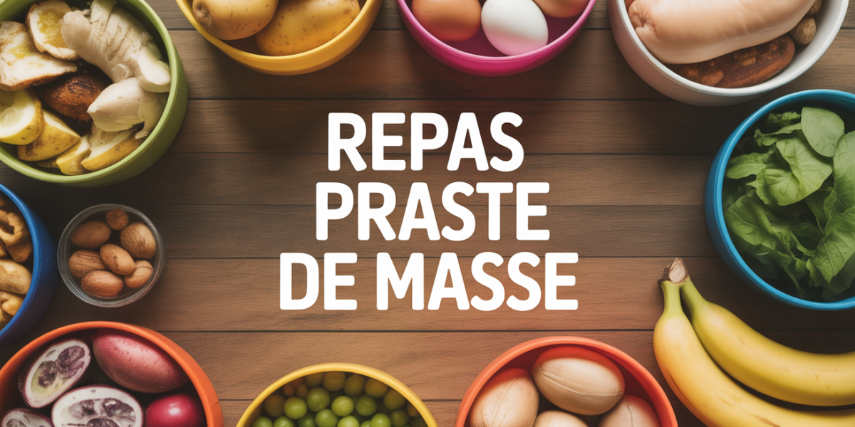 Repas prise de masse, bols d’aliments riches sur table bois