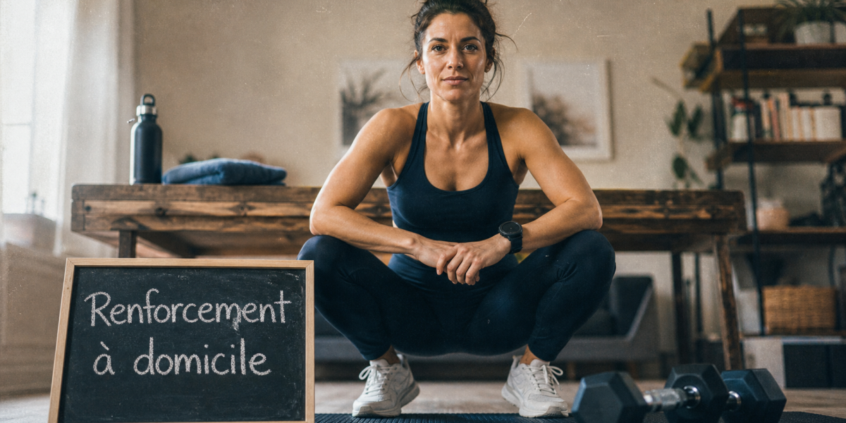 Séance de renforcement musculaire sans matériel à domicile, squat sur tapis