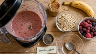Smoothie proteine crémeux : blender et ingrédients