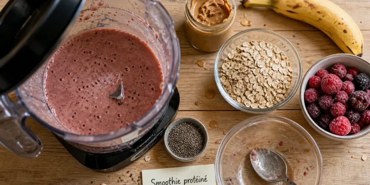 Smoothie proteine crémeux : blender et ingrédients