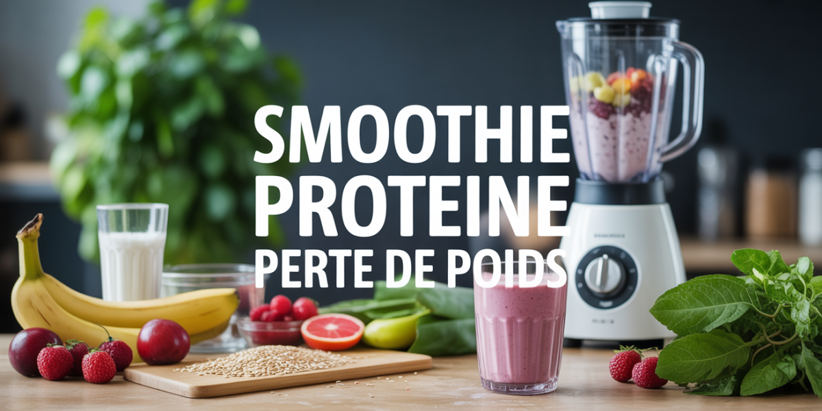 Smoothie proteine pour maigrir avec ingredients sur table