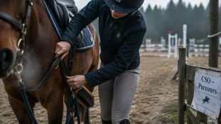 Sport equitation : cavalier ajuste la sangle d’un cheval en carrière