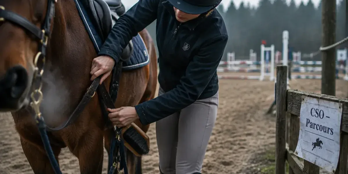 Sport equitation : cavalier ajuste la sangle d’un cheval en carrière