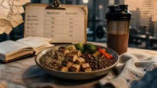 Assiette de sport pour sportifs vegans, protéines végétales et shaker