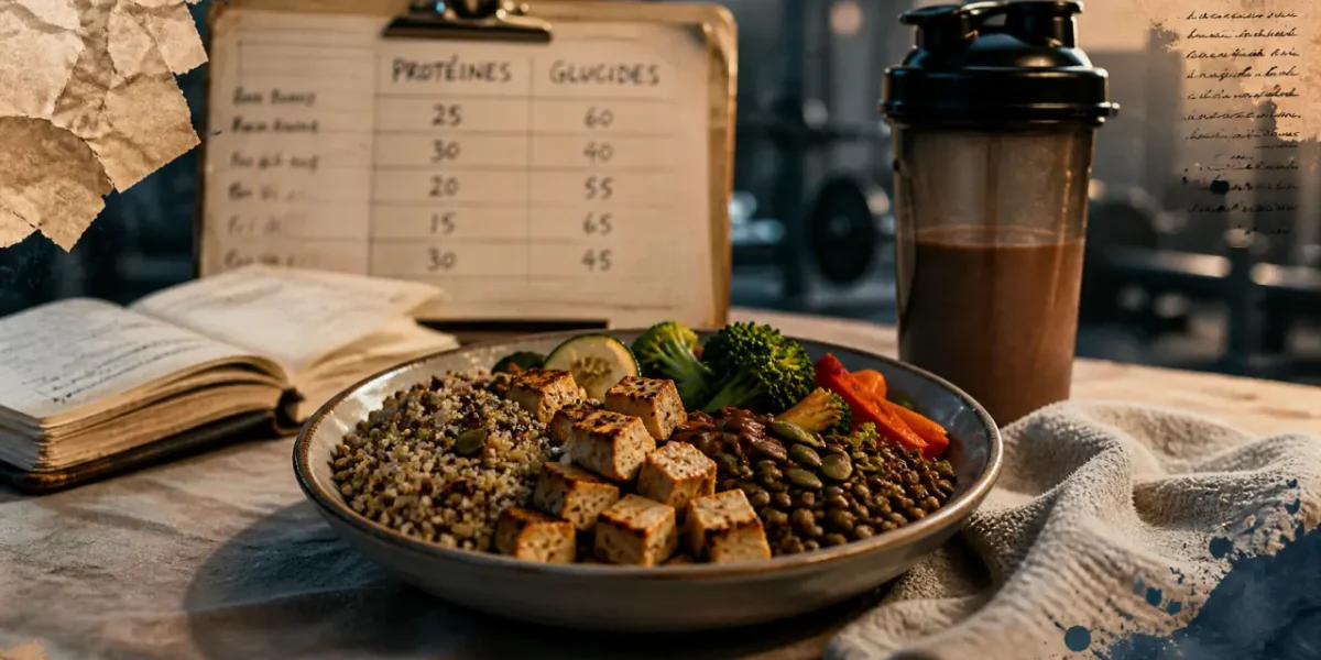 Assiette de sport pour sportifs vegans, protéines végétales et shaker