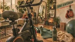 Sports interieur : vélo d’appartement et tapis de yoga dans un coin sport
