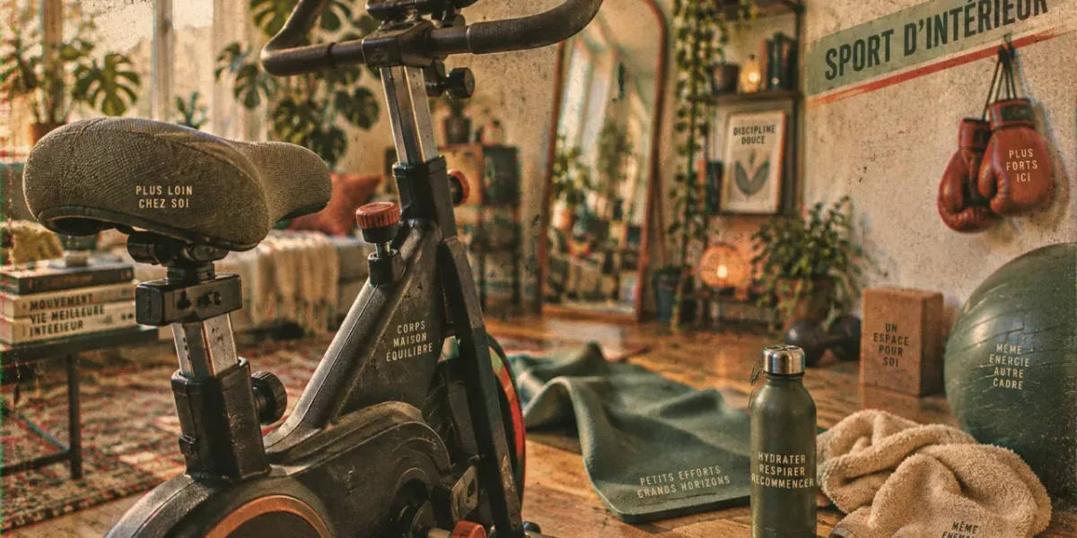 Sports interieur : vélo d’appartement et tapis de yoga dans un coin sport