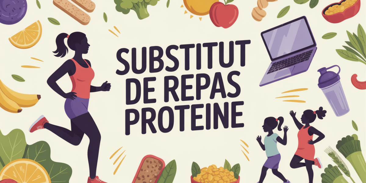 Illustration femme active avec substitut de repas protéiné et aliments équilibrés
