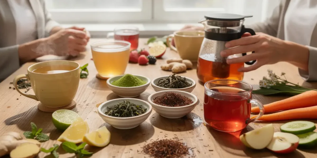 thés brûleurs de graisse en vrac, tasses, fruits, légumes