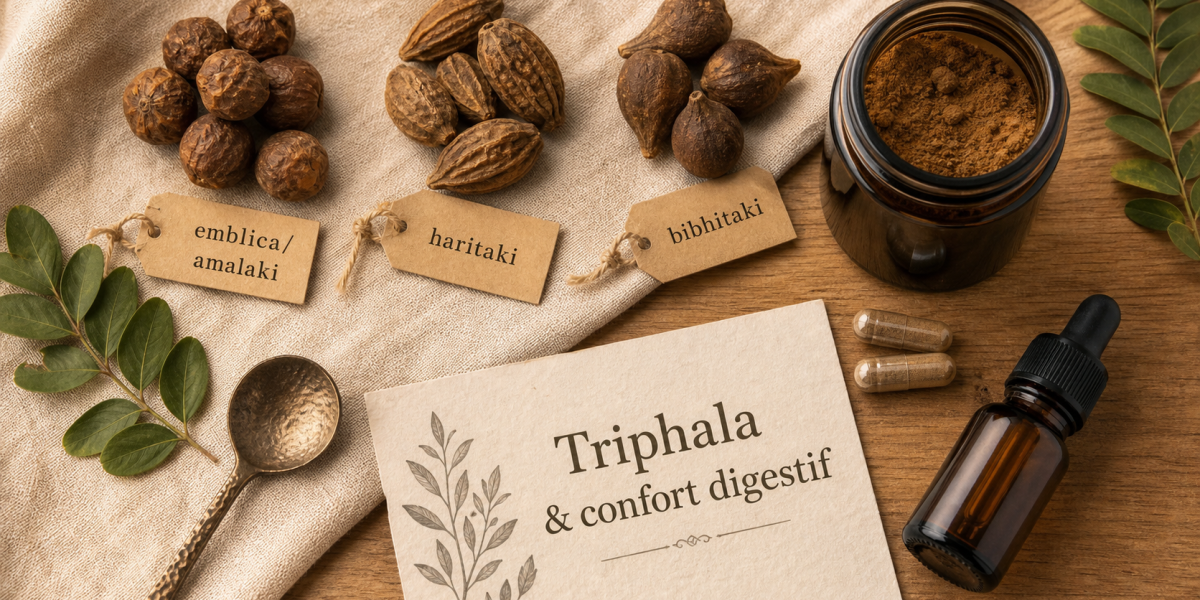 Triphala bienfaits : fruits séchés et gélules pour digestion
