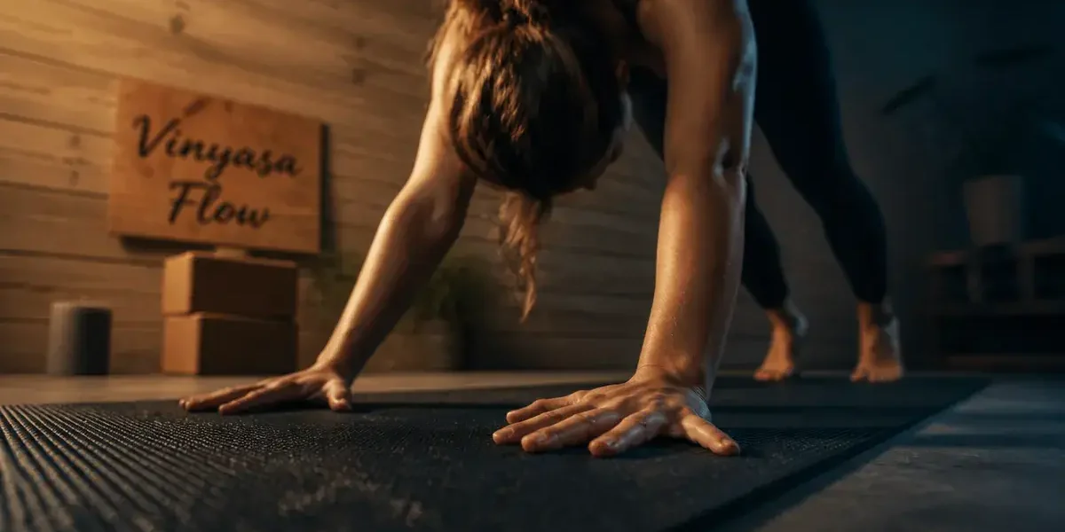Vinyasa yoga en studio : tapis et posture en transition